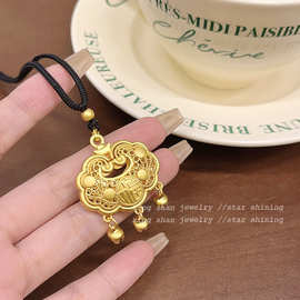 福字铃铛长命锁女复古轻奢中国风小众设计感沙金平安锁骨链