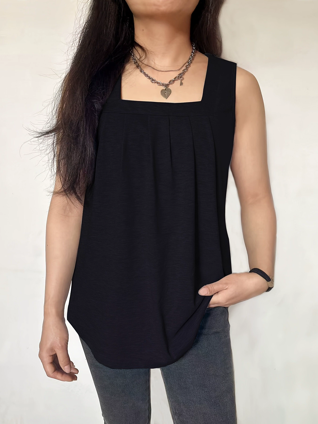 2025 трансграничный новый европейский и американский элегантный жилет с квадратным воротником и складками, однотонный полиэстер, трансграничная дропшиппинг