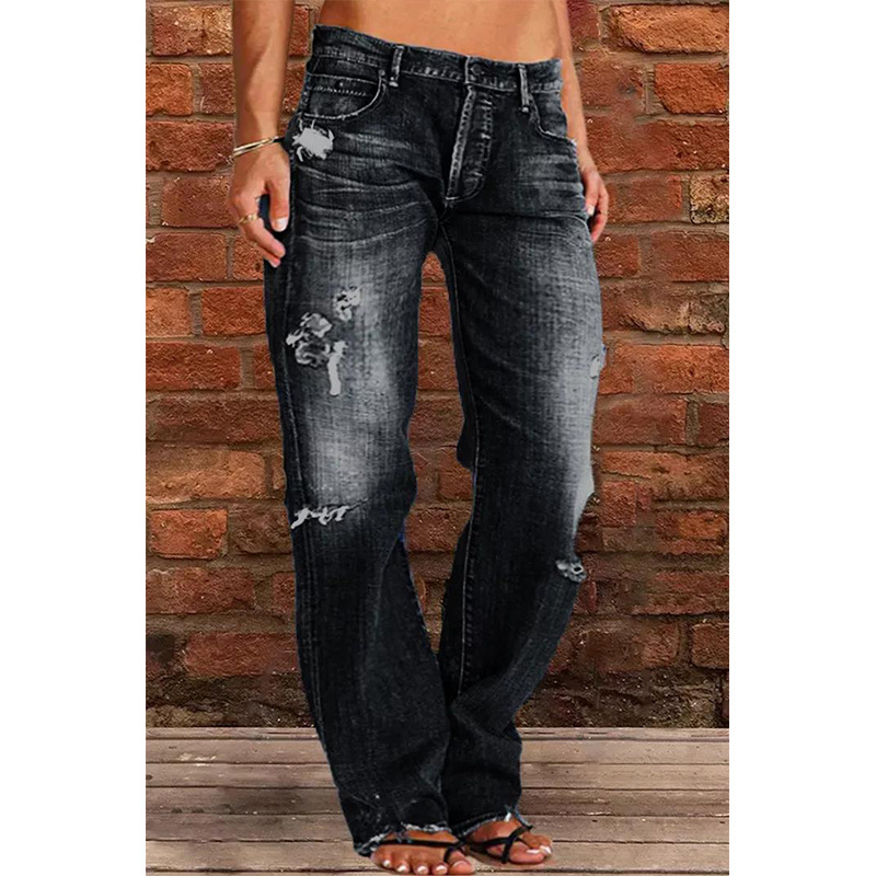Cross-Border Foreign Trade Women's Denim European And American Trend Mid-Waist Ripped Casual Straight Pants Factory_ecoleips.com