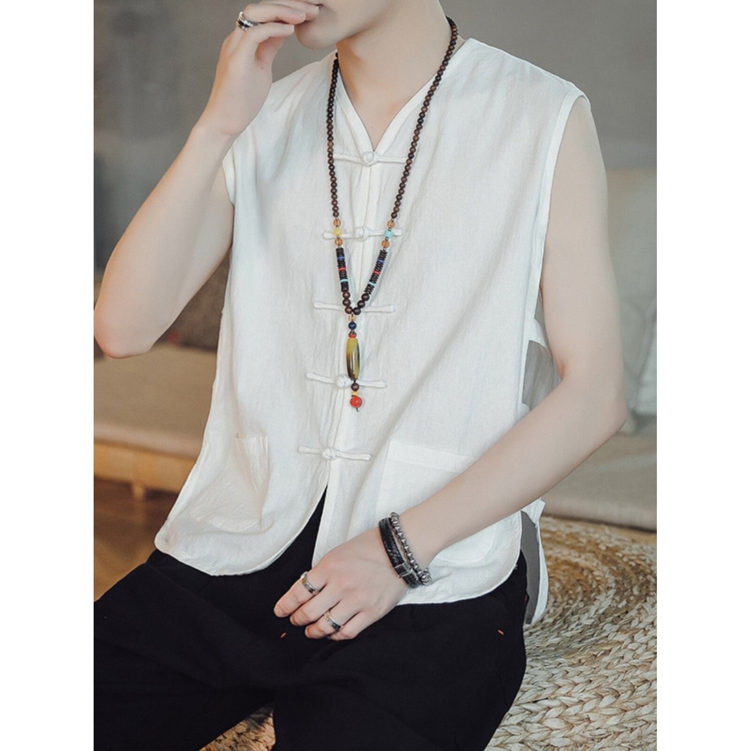 Summer thin cotton and linen sleeveless Tang suit Chinese style sweat vest vest for middle-aged and elderly men, Chinese style father's Han shirt and mandarin jacket