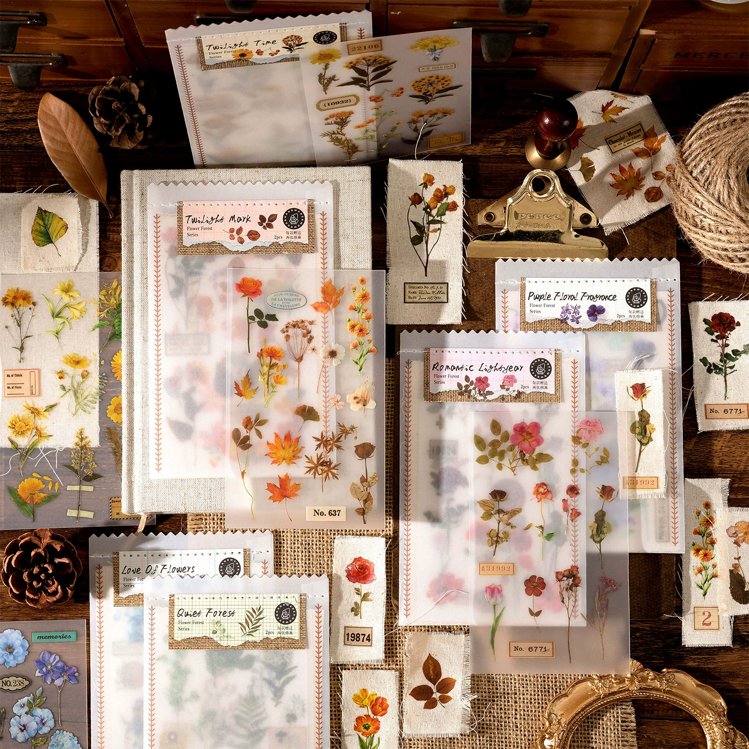 陌墨 cotton and linen printing sticker material package Flower Forest Series Literary Forest Series PET waterproof stickers 6 types