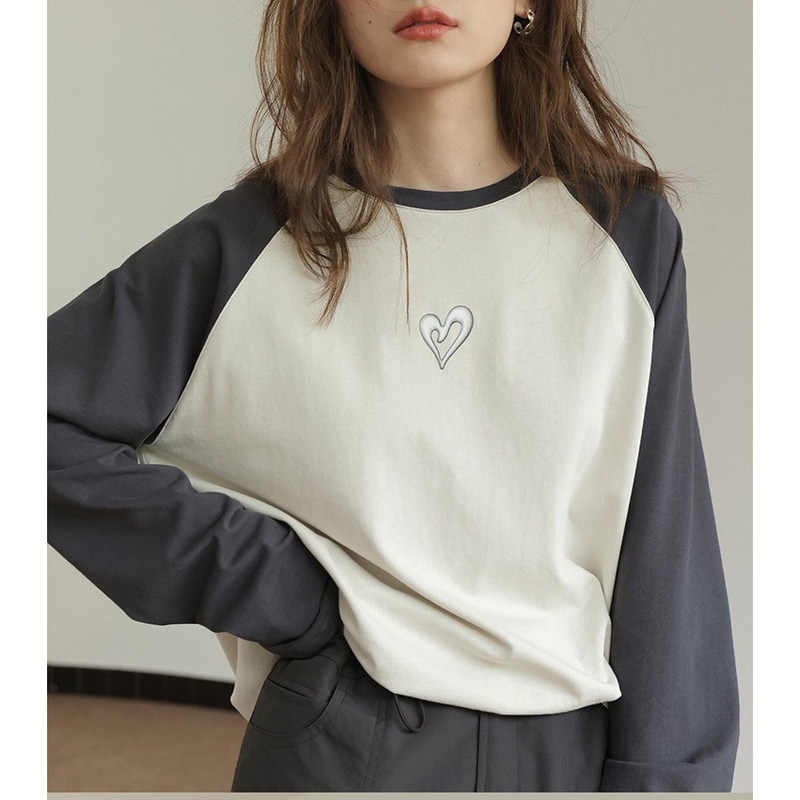 [Ready Stock] 1313 Apricot Gray Love Print Raglan Color Block Long Sleeve T-Shirt Early Spring Women's Quilt Cotton Plaid Top