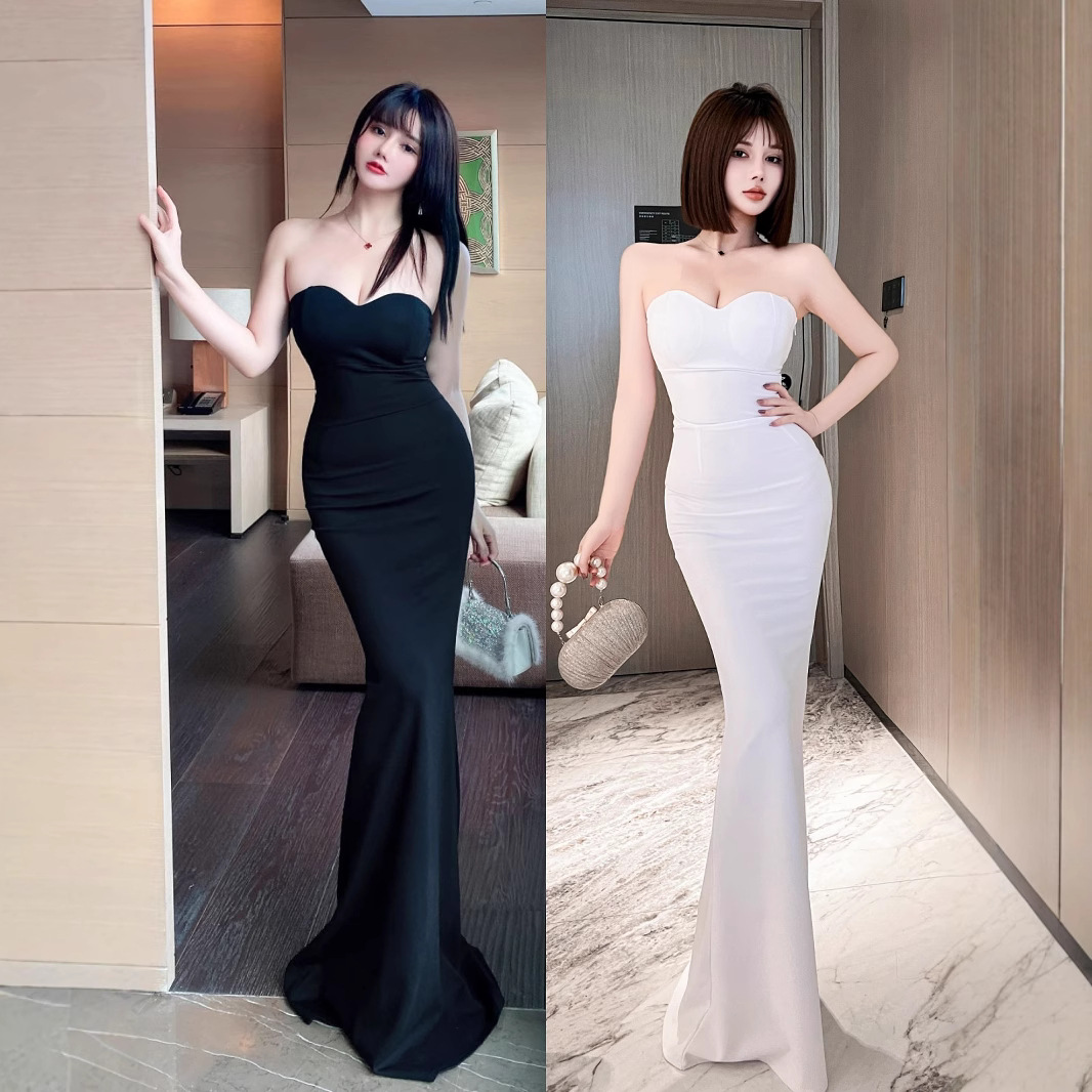 25 New Slim-fit Sexy Strapless Evening Dress Deep V Low-cut Slimming Sheath Long Dress Elegant Beauty Show Dress