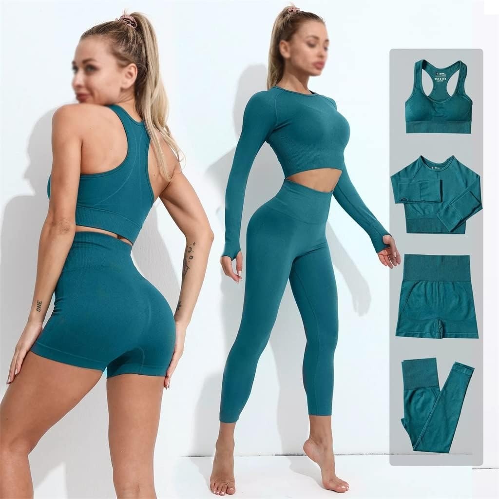 Women's Seamless Four-Piece Yoga Outfit, Fitness Crop Top, Leggings, High-Waisted Sports Set, Body Shaping