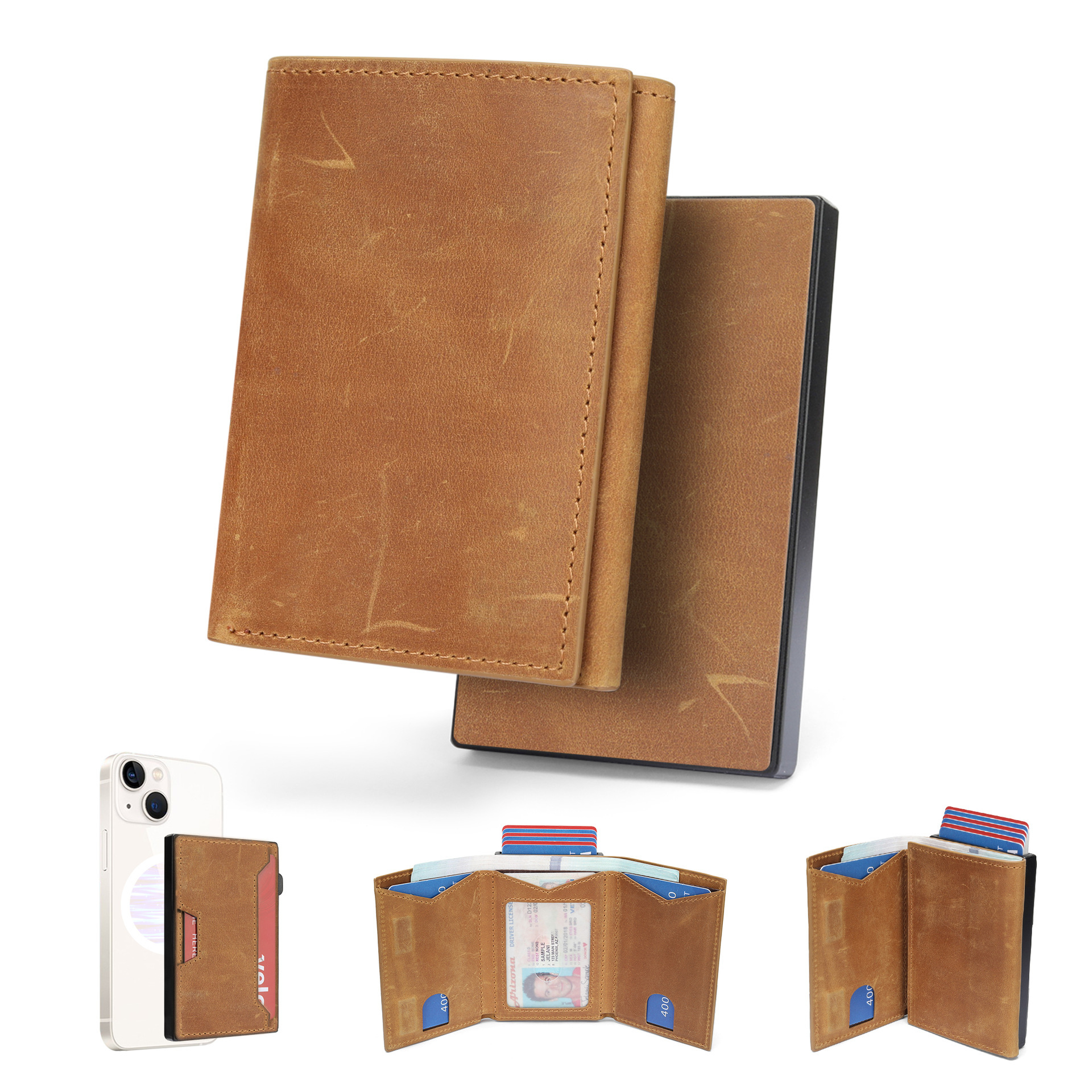 Amazon 2 - en - 1 cartera multifuncional simple metal tarjeta de absorción RFID anti-damagnetismo cartera de cuero para hombres