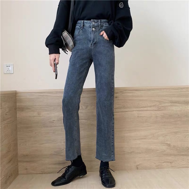 dark blue Straight Pants Jeans Smoke Tube Pants Women's Spring and Autumn 2024 New High Waist Chic Hong Kong Style Pants