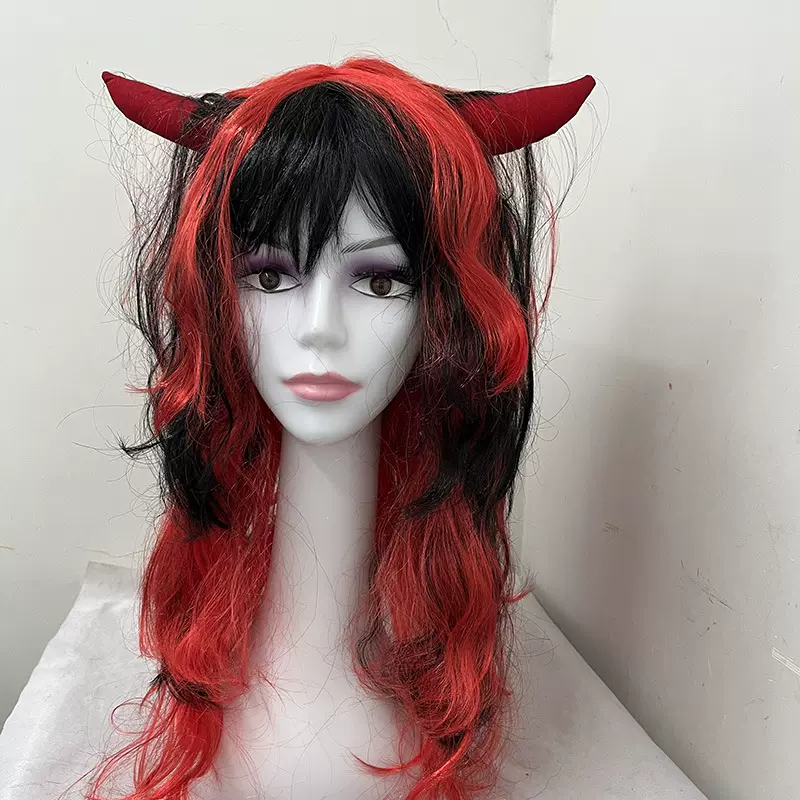 批发各种假发狂欢节黑红渐变牛角长波浪大波浪长卷发发套