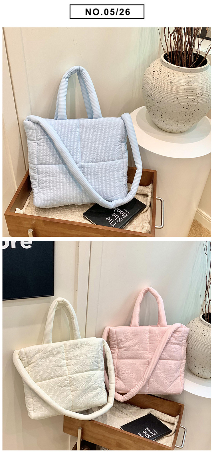 High quality texture tote bag nylon cotton bag large capacity shoulder messenger bag soft plaid handbag down bag_voghion.com