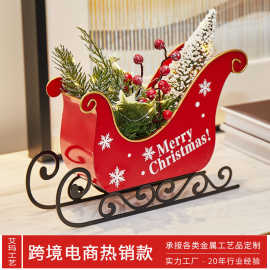 新品带灯圣诞雪橇车 桌面迷你圣诞摆件铁艺场景橱窗圣诞装饰品