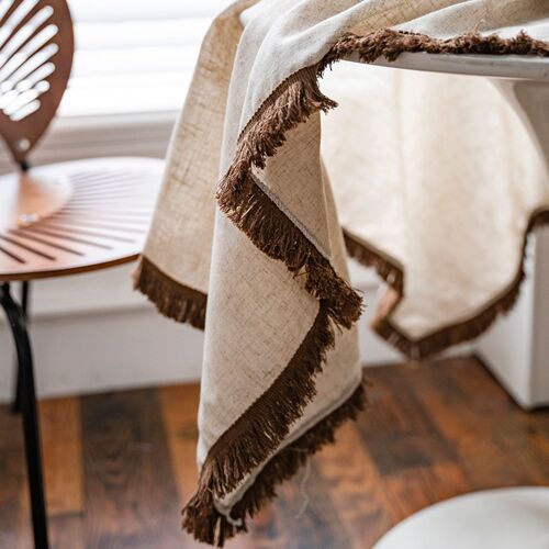 Yimanqiyun tablecloth polyester and linen solid color tablecloth khaki tassel American country home rectangular factory direct supply