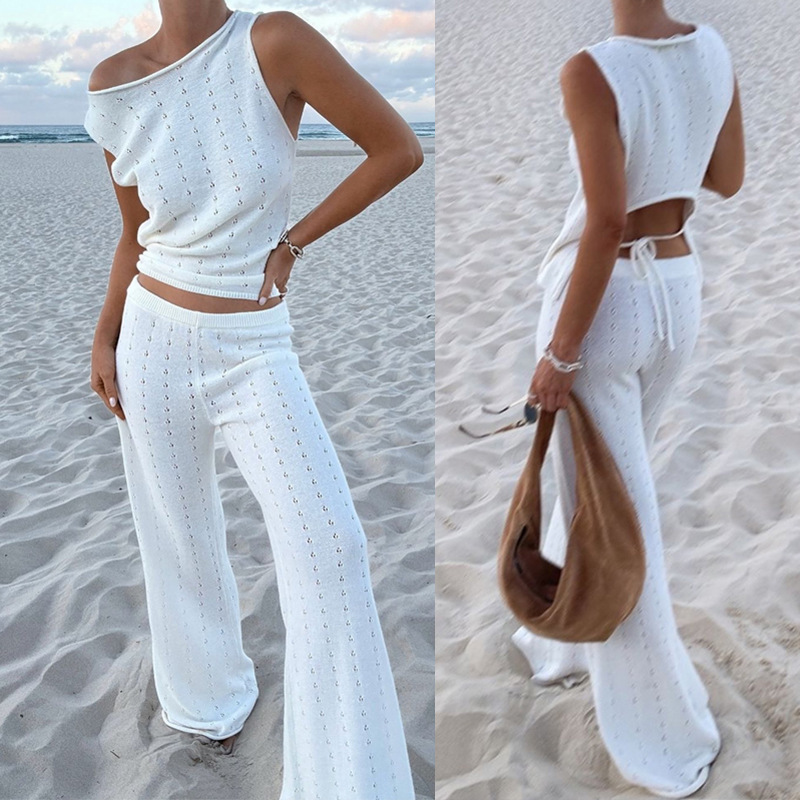 2026 Cross-Border European and American Style Sleeveless Vest Casual Long Pants Spring and Summer Beach Style Knitted Embossed Elegant Women's Set 2026 Cross-Border European and American Style Sleeveless Vest Casual Long Pants Spring and Summer Beach Style Knitted Embossed Elegant Women's Set