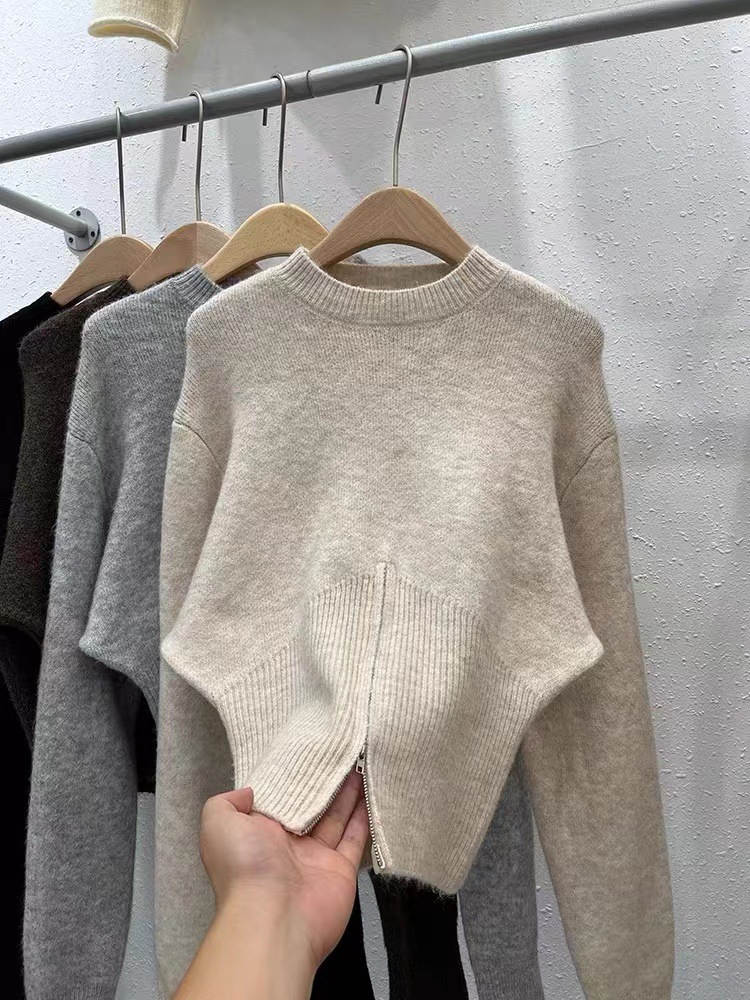 Women's Pullover Round Neck Split Hem French Style Autumn Winter_voghion.com