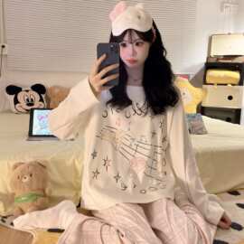 睡衣女秋冬新款双面德绒印花套装韩版宽松甜美可爱卡通休闲家居服