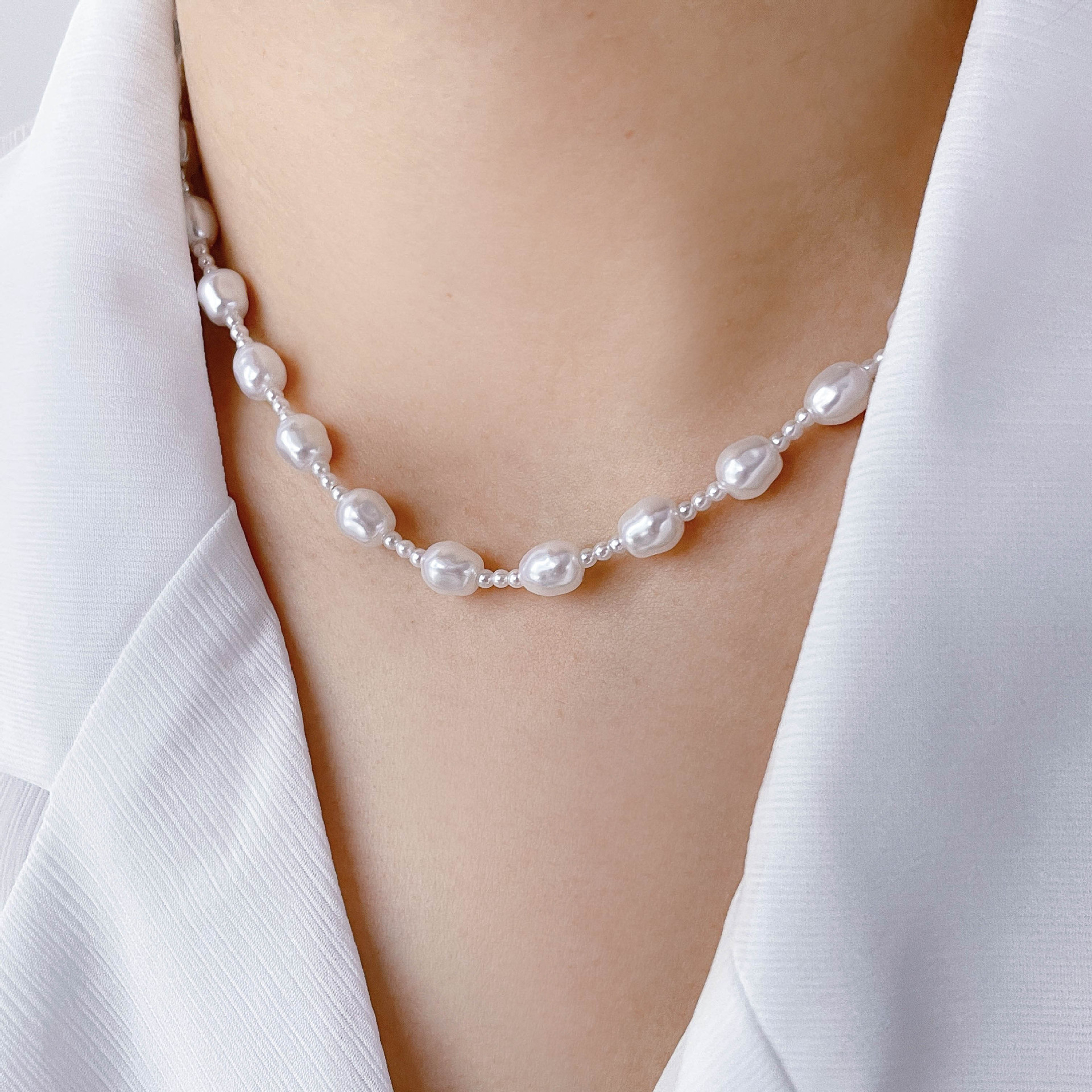 12g Weight Necklace Classification 1 Piece Quantity Banquet Occasion Freshwater Pearl, Titanium Steel Material Geometric Pattern Women's Gender Beaded, Plating Design Elegant Style Elegant Geometric Freshwater Pearl Titanium Steel Beaded Plating Necklace 10