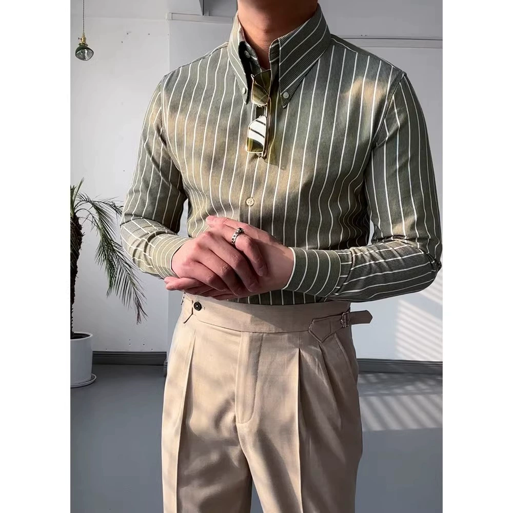 Модная индивидуальность тонкое повседневное деловое платье с длинными рукавами в полоску рубашка мужская ретро зеленая пуговица с длинным заостренным вырезом