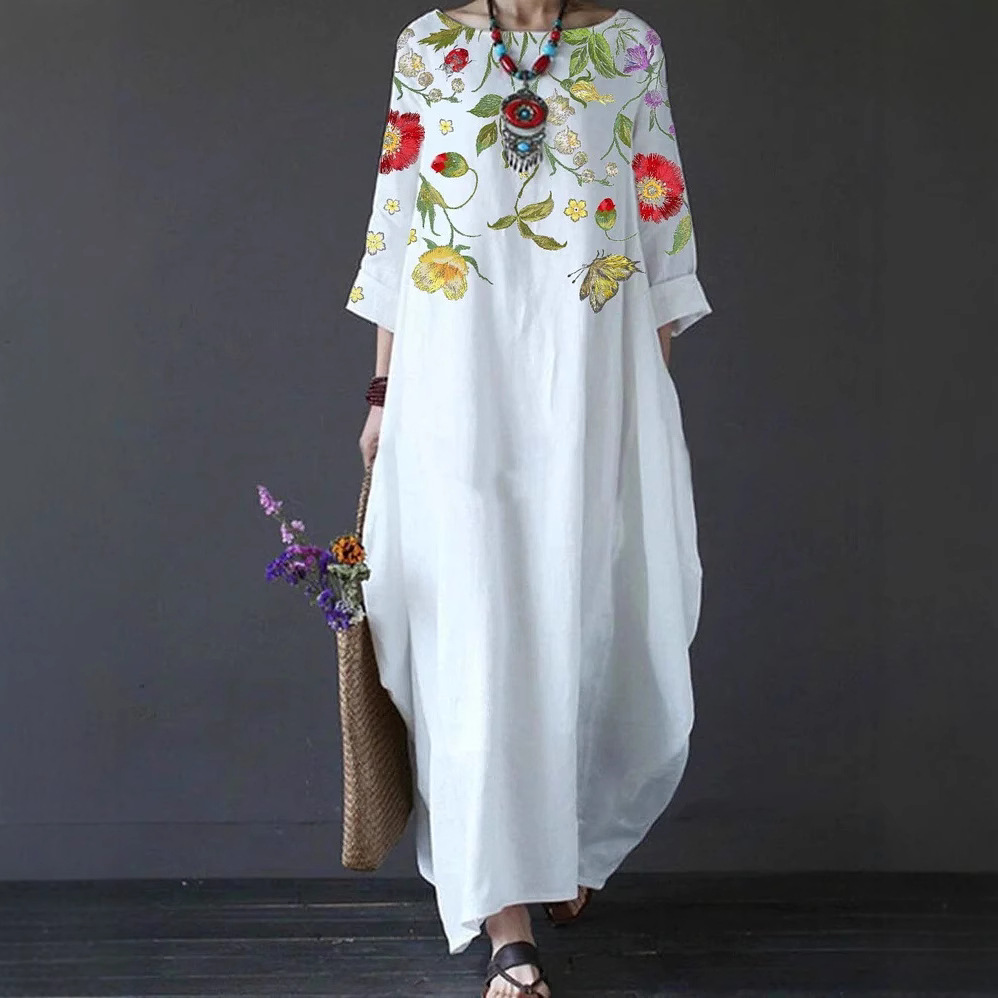 Independent Brand Printed Women's Clothing, European And American Three-quarter Sleeve Midi Dress, Floral Bohemian_ecoleips.com