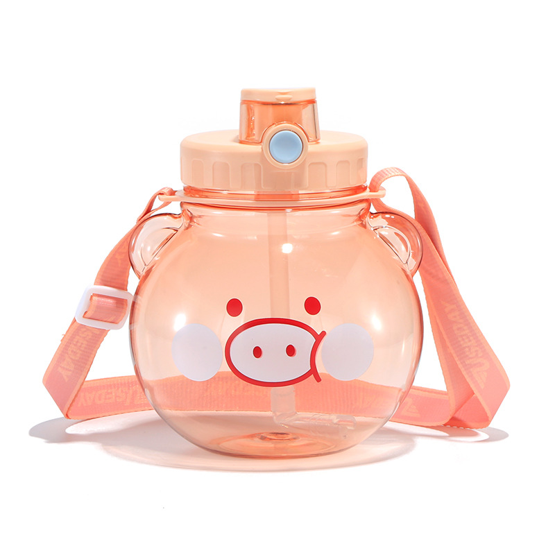 Linda taza de agua infantil con pajita de dibujos animados, taza de plástico con forma de cerdo, súper adorable con correa y tapa emergente, taza de gran capacidad.