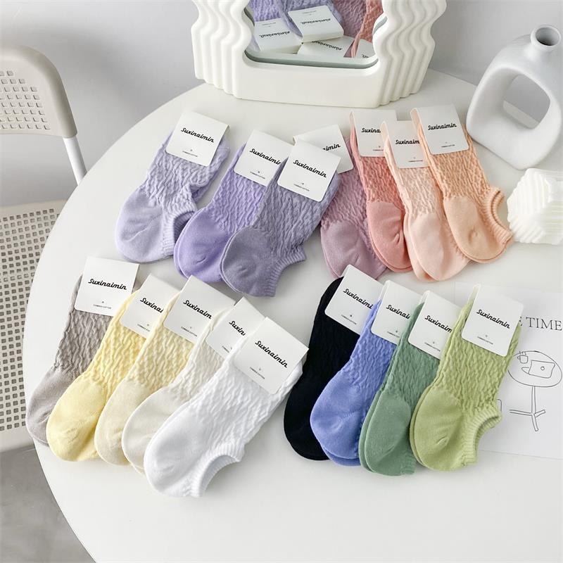 Color crema boca baja calcetines de tobillo invisibles calcetines de algodón de color sólido de las mujeres calcetines de caramelo de malla ins moda verano calcetines transpirables