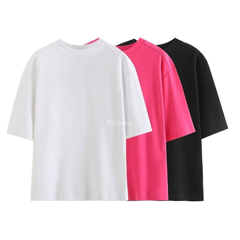 AD/2631RT 2023 여름 새로운 여성 캐주얼 반팔 느슨한 반 높이 목 와이드 소매 티셔츠