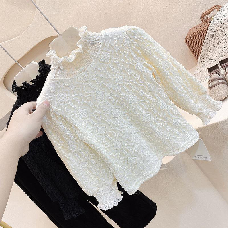 Cross-border European and American style children's clothing 2026 winter new style girls' fashionable lace high neck fleece-lined thick lace base shirt