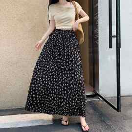 女装黑色碎花半身裙女夏季新款大码遮跨显瘦小个子a字伞裙百褶裙