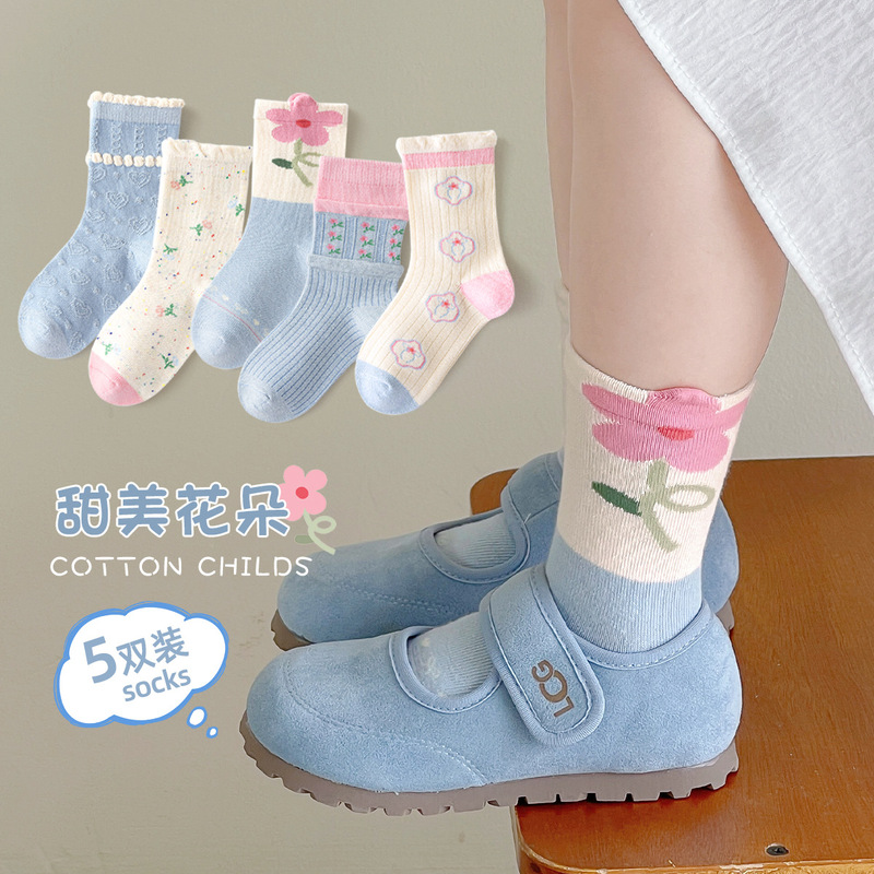 Autumn New Children's Socks for Girls, Forest-Style Lace Princess Sweet Floral Mid-Tube Cotton Socks Wholesale