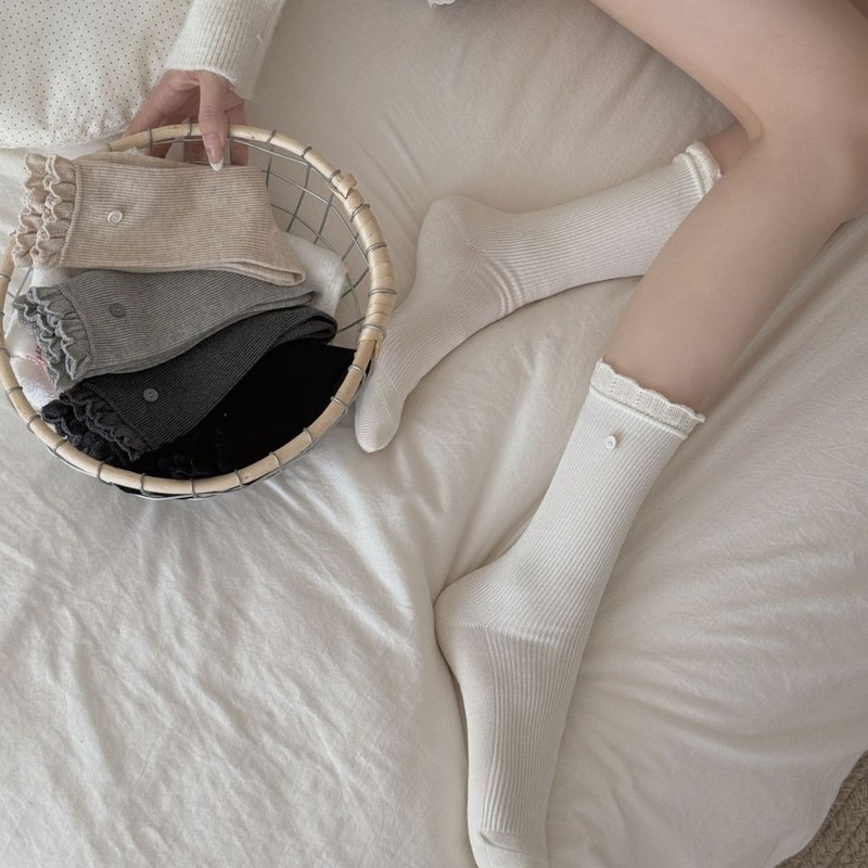 双针花边纽扣堆堆袜百搭纯色中筒袜子女秋冬日系袜子韩版袜ins|undefined