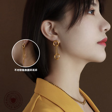 欧美ins风饰品双环链条拼接耳链钛钢18k金不对称耳饰耳环饰品女