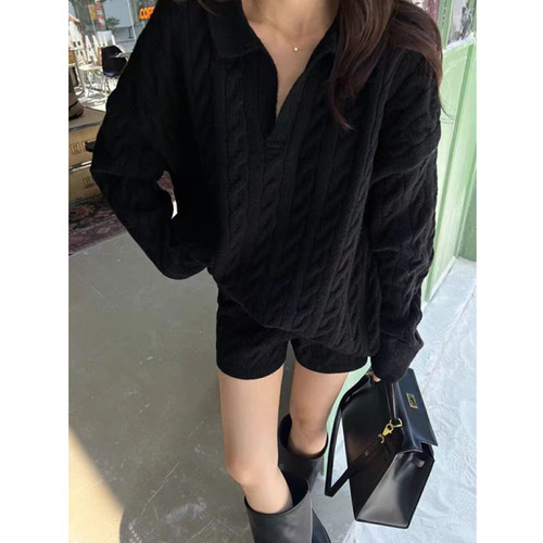6959# Winter New Leisure Style Polo Neck Knit Sweater Set with Lounge Shorts for Women