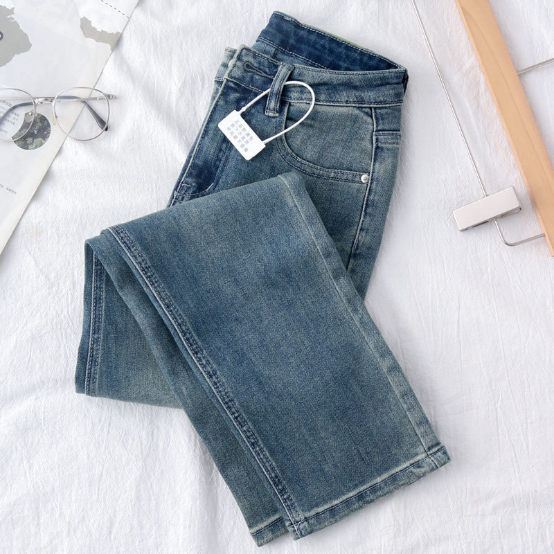 Small Straight-Leg Jeans Women's Pear-Shape Cropped Design Green Leather Label High Waist Slim-Fit Petite Retro Stretch Pipe Pants