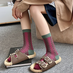 秋冬季襪子女ins中筒襪復古條紋拼色堆堆襪日系百搭雙針個性棉襪