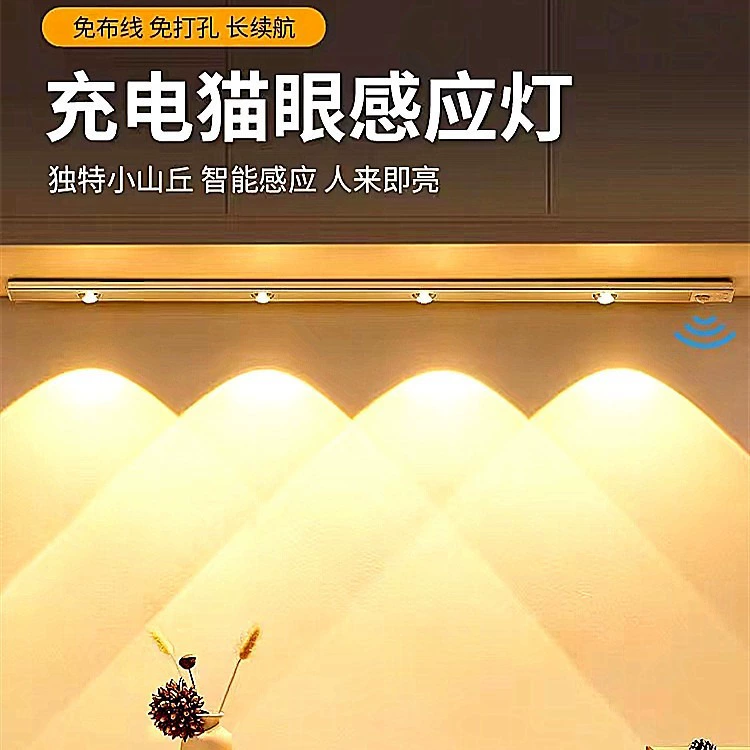 Лампа с датчиком человеческого тела, ультратонкая световая полоса «кошачий глаз», перезаряжаемая самоклеящаяся световая полоса для шкафа, ночник, атмосферный свет, умный