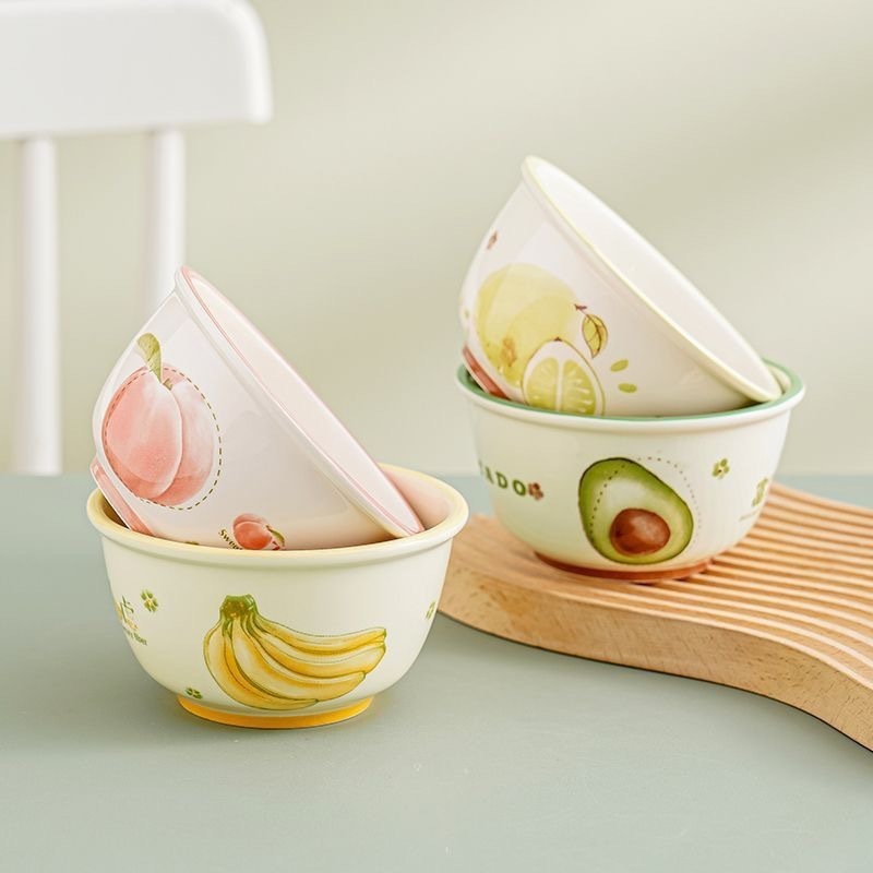 フルーツシリーズ ピーチ 高価値 家庭用陶器丼 プレート 釉下色 リボン スプーン かわいい食器セット ML|undefined