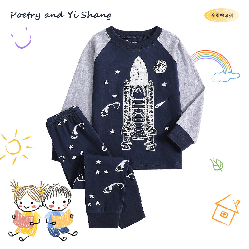 Foreign Trade Children's Clothing Set, Home Wear Pajamas, Rocket Print Long-Sleeve Long-Pants Set, Pure Cotton Boys' Set