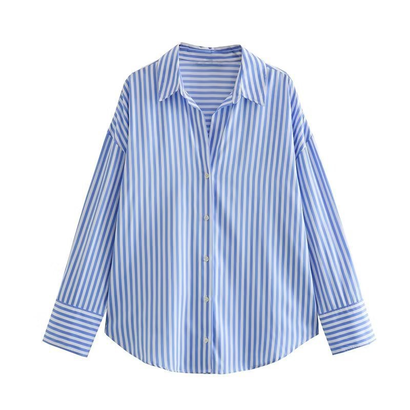外国貿易卸売春の新作婦人服ヨーロッパとアメリカンスタイルの多用途ストライプラペルシングルブレスト長袖ルーズシャツ|undefined