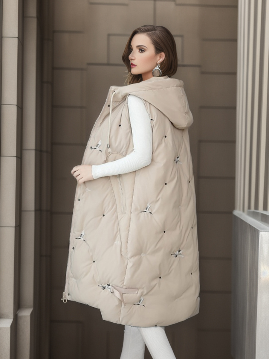 Vêtements pour femmes 2024 printemps, automne et hiver nouveaux vêtements d'extérieur mi-longs gilet à capuche dames broderie veste chaude gilet chaud en coton_voghion.com