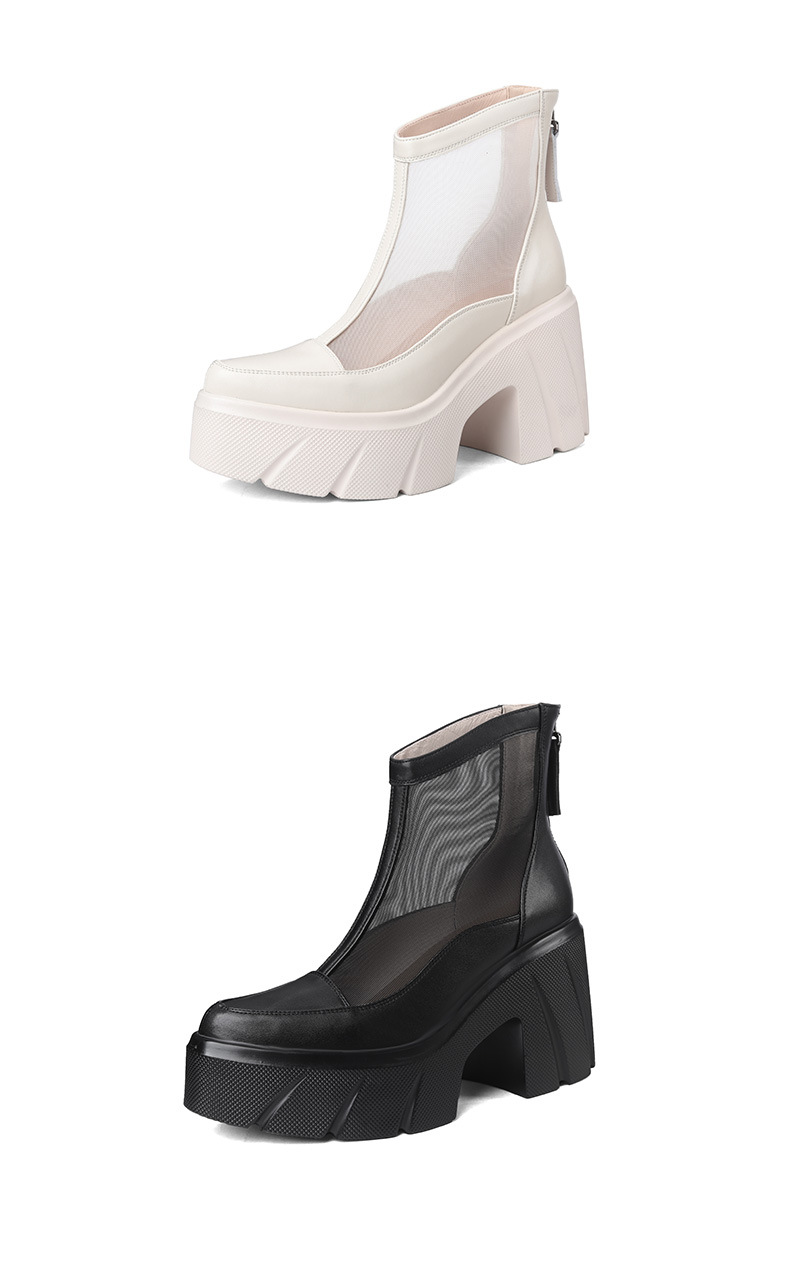 Boot cổ thấp nữ da bò gót vuông 10 cm, đế dày, lưới thoáng khí — màu be, màu đen chi tiết 8