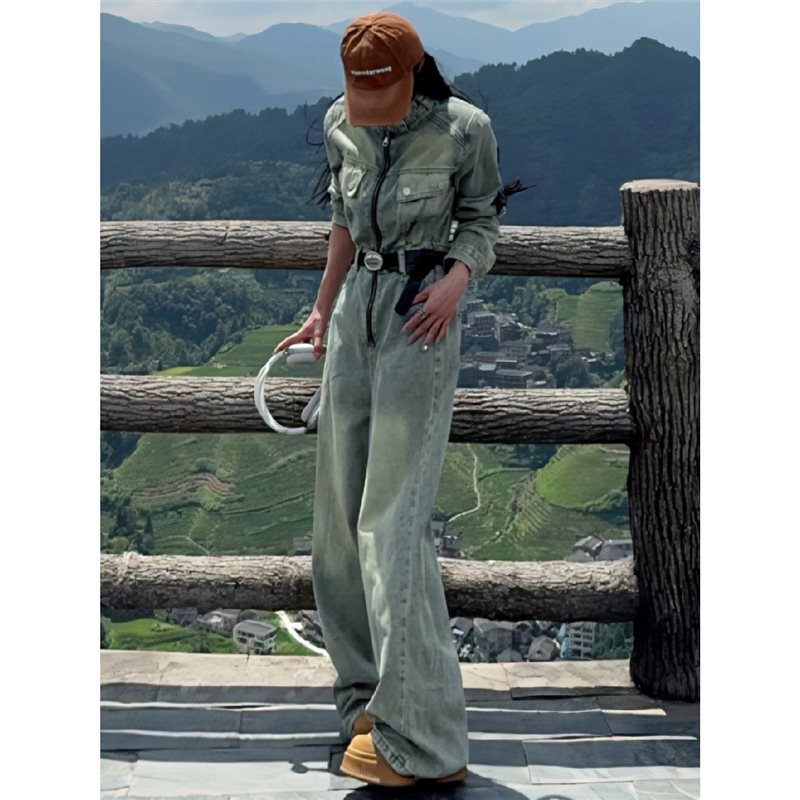 American Style Retro Washed Old Zipper Denim Pants Women's Autumn and Winter New Casual Fashion Age-reducing Wide Leg Pants