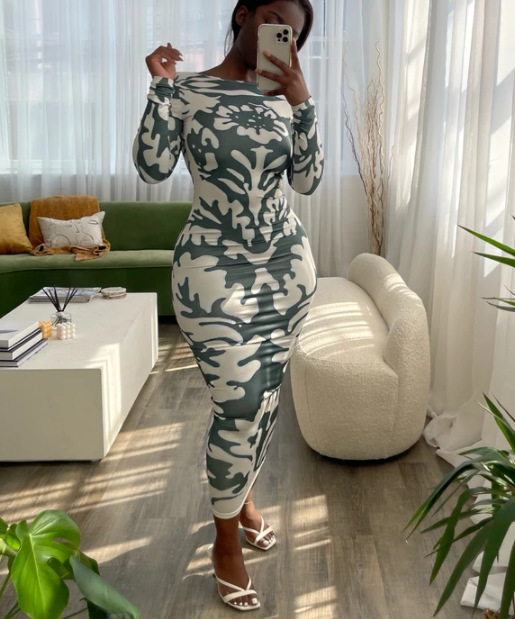 95154 European and American women's new autumn fashion printing slim backless long sleeve dress women's foreign trade Wholesale