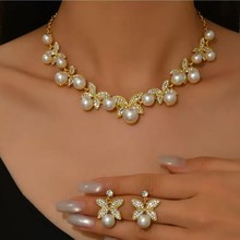 新款精致树叶蝴蝶镶钻珍珠项链女欧美热销时尚个性饰品批发