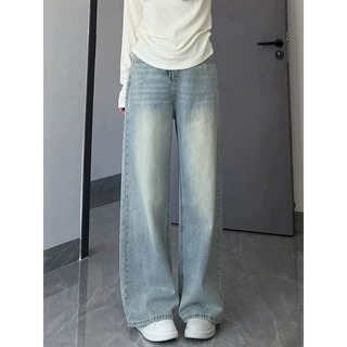 浅色直筒牛仔裤女高腰夏季新款大码胖mm宽松显瘦梨形身材阔腿裤子