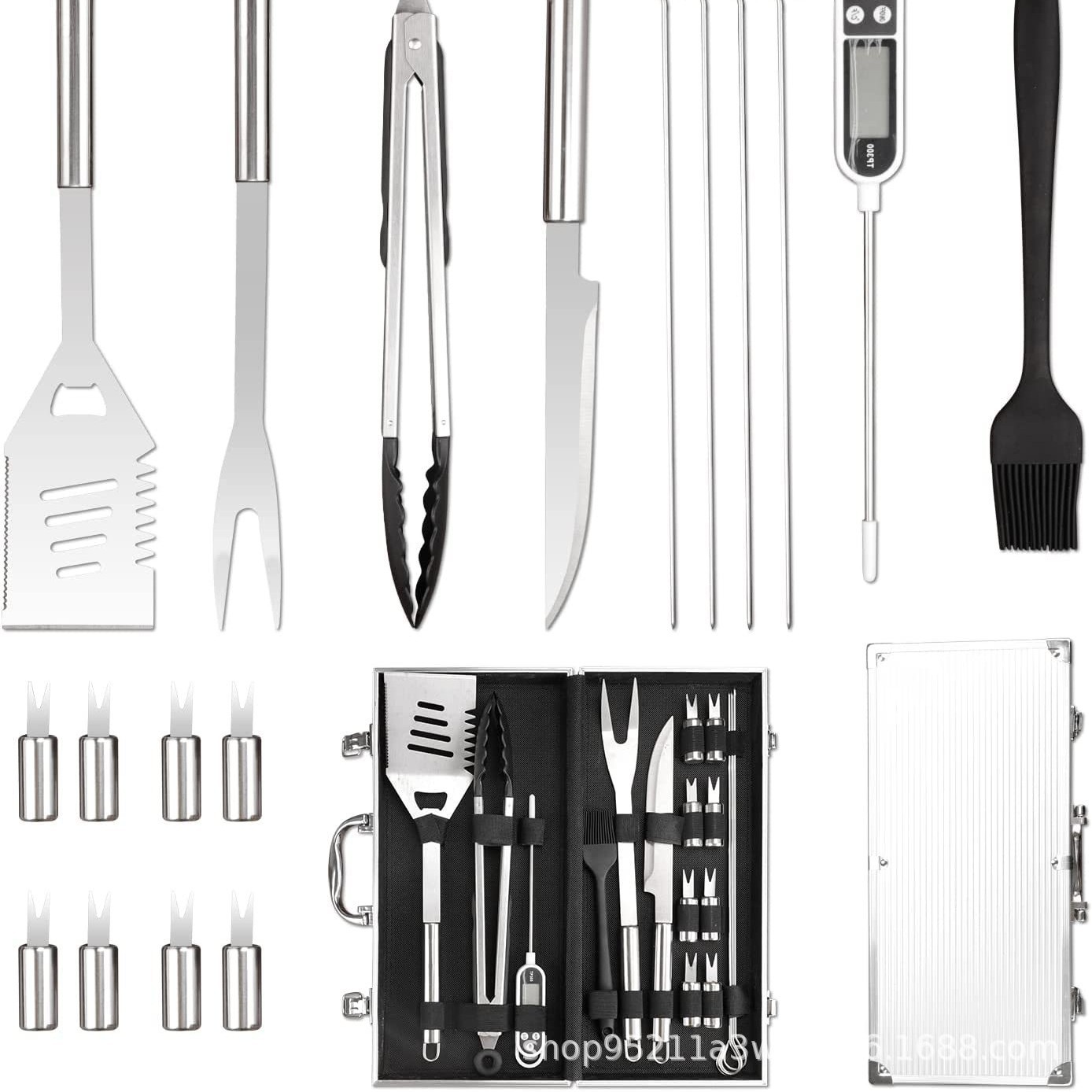 Exportación de Amazon herramientas de barbacoa de acero inoxidable traje de barbacoa al aire libre accesorios pala tenedor clip cepillo herramientas de barbacoa