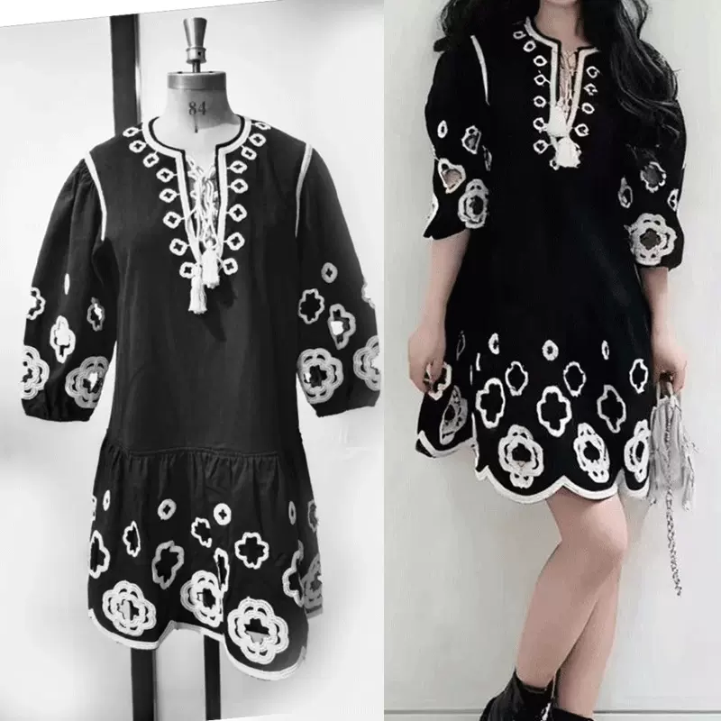 M家春夏女装法式复古重工刺绣流苏系带镂空短款连衣裙慵懒度假风