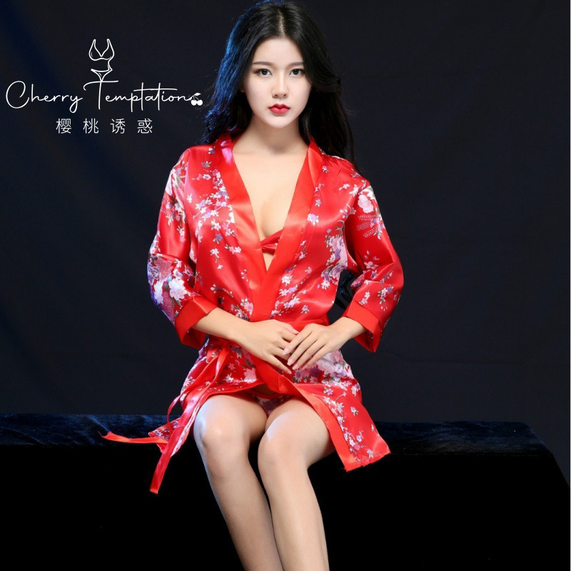 체리 유혹 유럽과 미국의 대외 무역 섹시한 속옷 섹시한 빨간색 프린트 스팀 기모노 목욕 가운 3 점 목욕 가운 세트