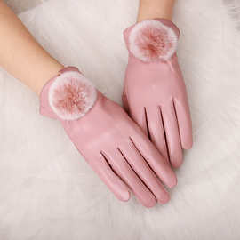 真皮羊皮獭兔毛触屏珍珠粉分指加绒保暖秋冬女士开车骑车可爱手套