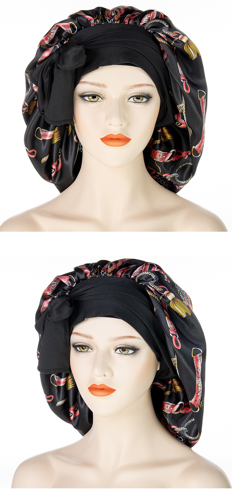 Unisex Hair Care Wide Brim Long Tail Extra Large Shower Cap Fashion Print Ladies Large Satin Night Cap_voghion.com