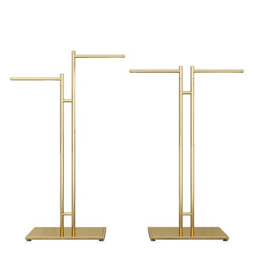 Clothing store display: freestanding island racks, men's and women's clothing racks, garment shelves, and kid's clothing hangers.