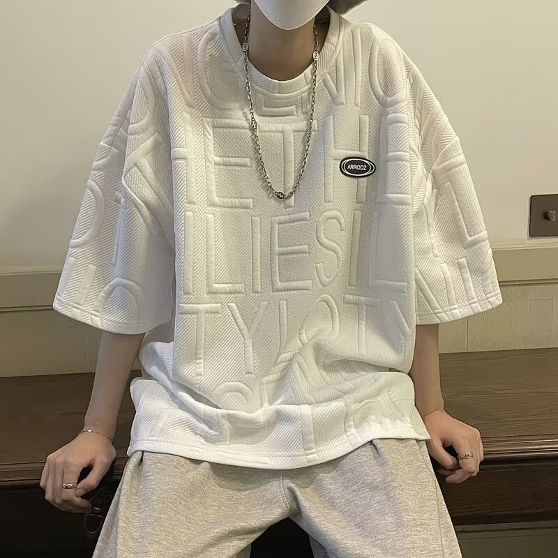 2026 camiseta de manga corta de verano hombre marca de moda de manga media suelta de cinco puntos estudiantes waffle Jacquard ropa de media manga