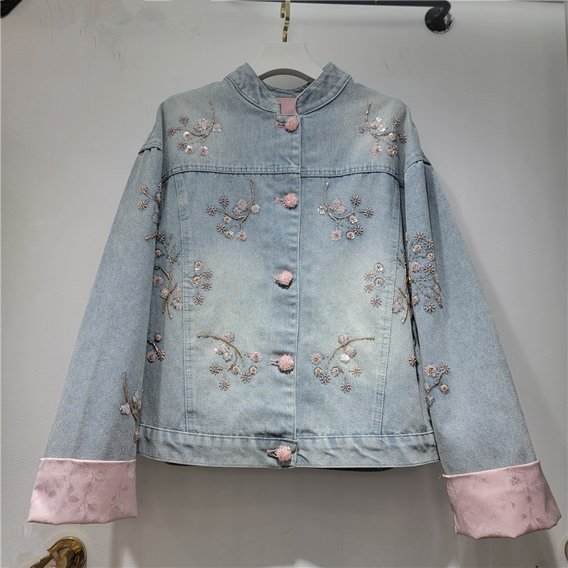 Qadın denim ceket - sequin tikməli, rəng bloklu, qısa