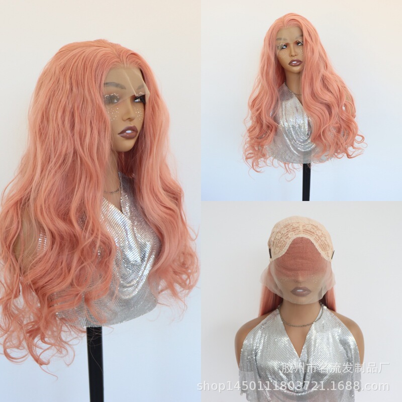 Pink big wave curly 13*4 lace front hand-tied light pink long curly matte high-temperature synthetic fiber wig